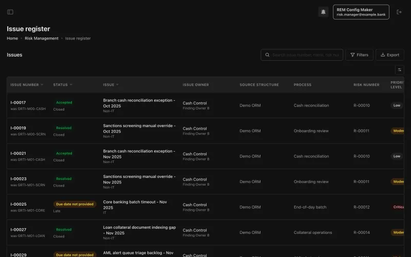Issue register with status, owner, source structure and process for each issue
