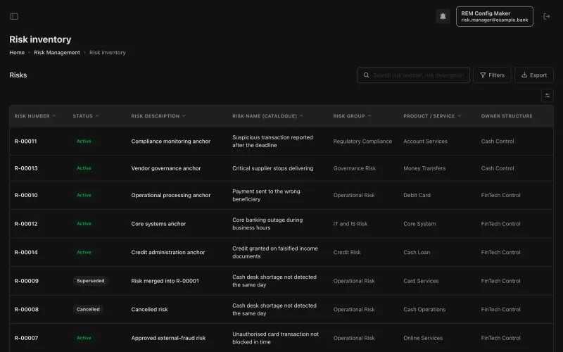 Risk inventory with status, description, catalogue name and product for each risk
